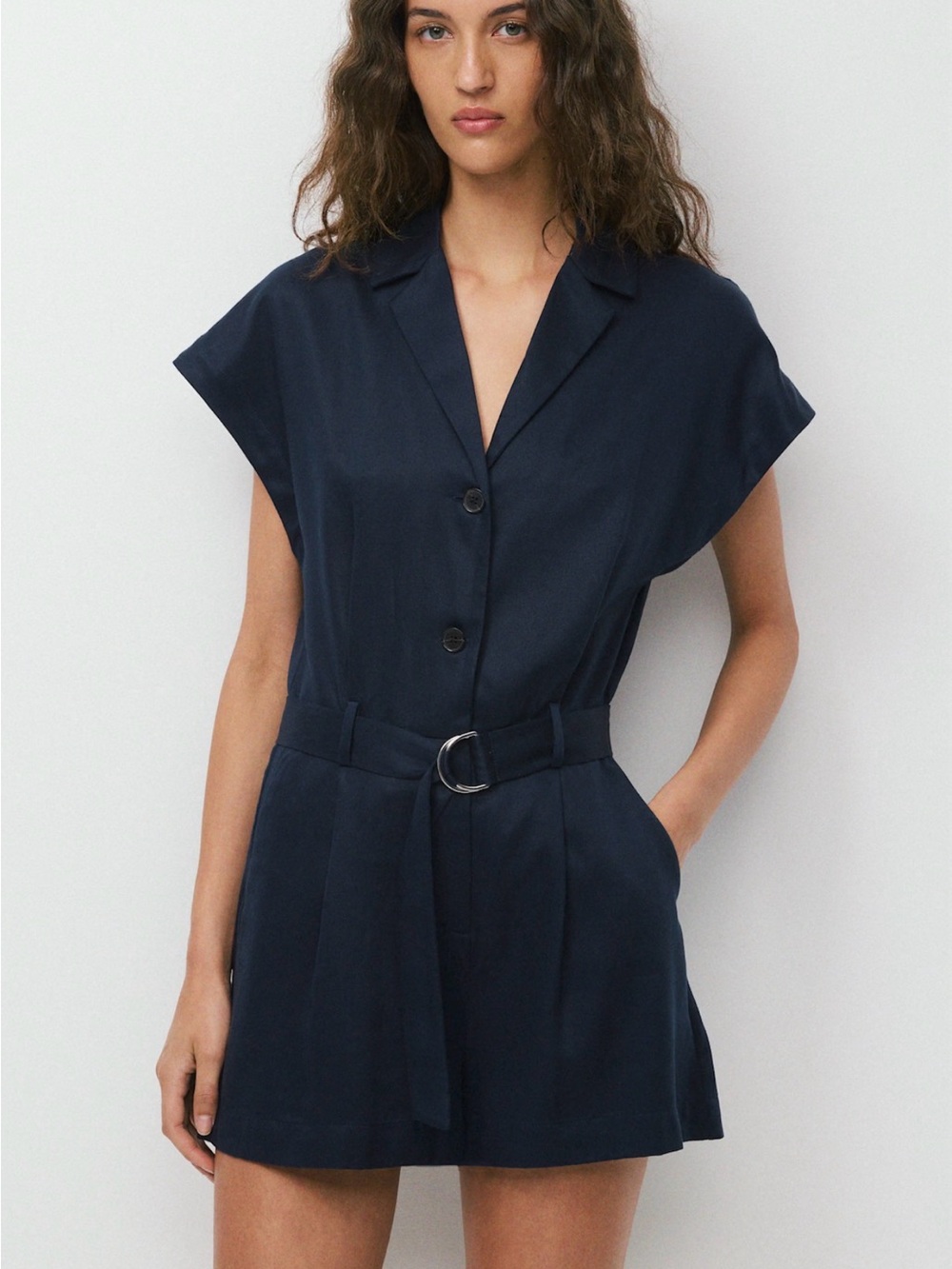 Aritzia Navy D-Ring Belted Short Sleeve Romper